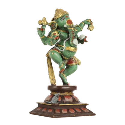 Brass Hand-Painted Dancing Ganesha Statue - 10 Inch