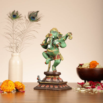 Brass Hand-Painted Dancing Ganesha Statue - 10 Inch
