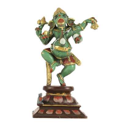 Brass Hand-Painted Dancing Ganesha Statue - 10 Inch
