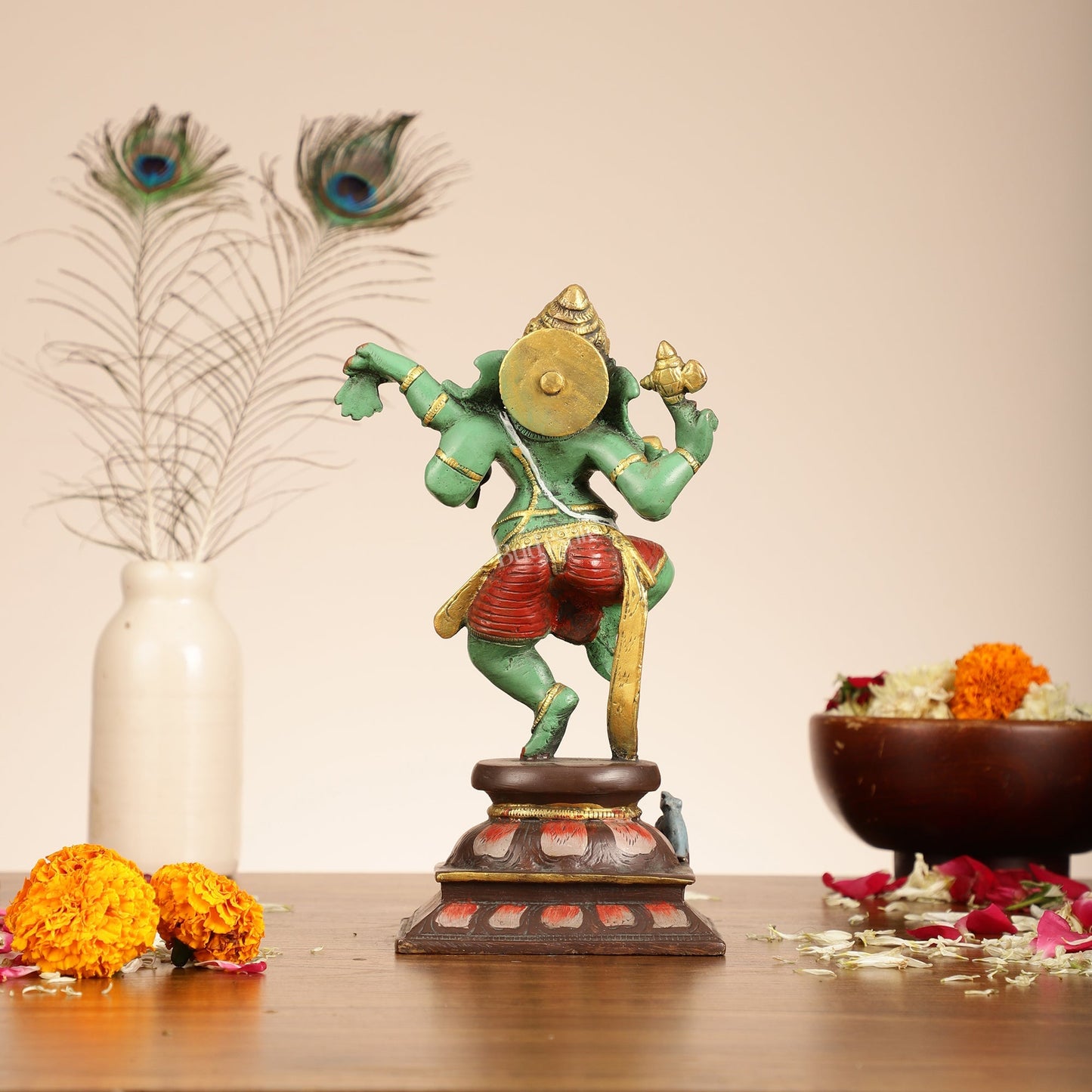 Brass Hand-Painted Dancing Ganesha Statue - 10 Inch