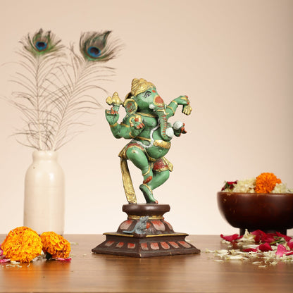 Brass Hand-Painted Dancing Ganesha Statue - 10 Inch