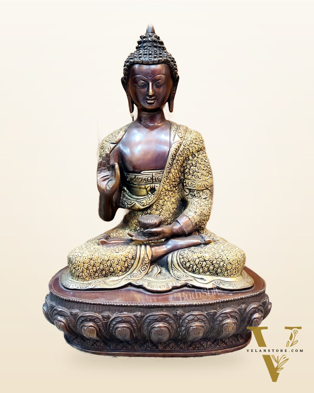 Brass Handcarved Buddha Statue | Blessing Abhaya Mudra | 16" x 11.5" x 8"