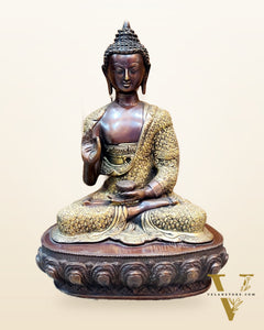 Brass Handcarved Buddha Statue | Blessing Abhaya Mudra | 16" x 11.5" x 8"