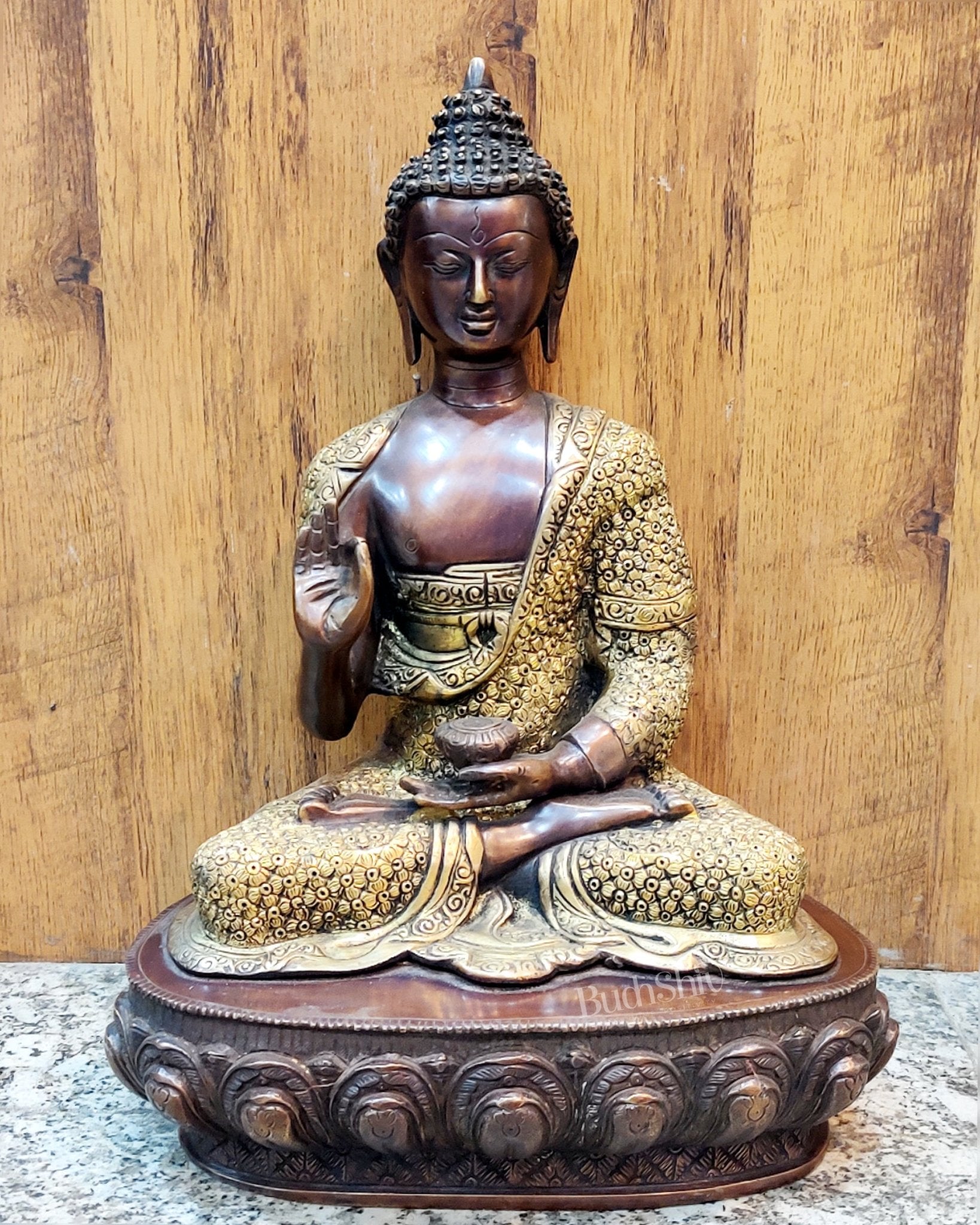 Brass Handcarved Buddha Statue | Blessing Abhaya Mudra | 16" x 11.5" x 8"