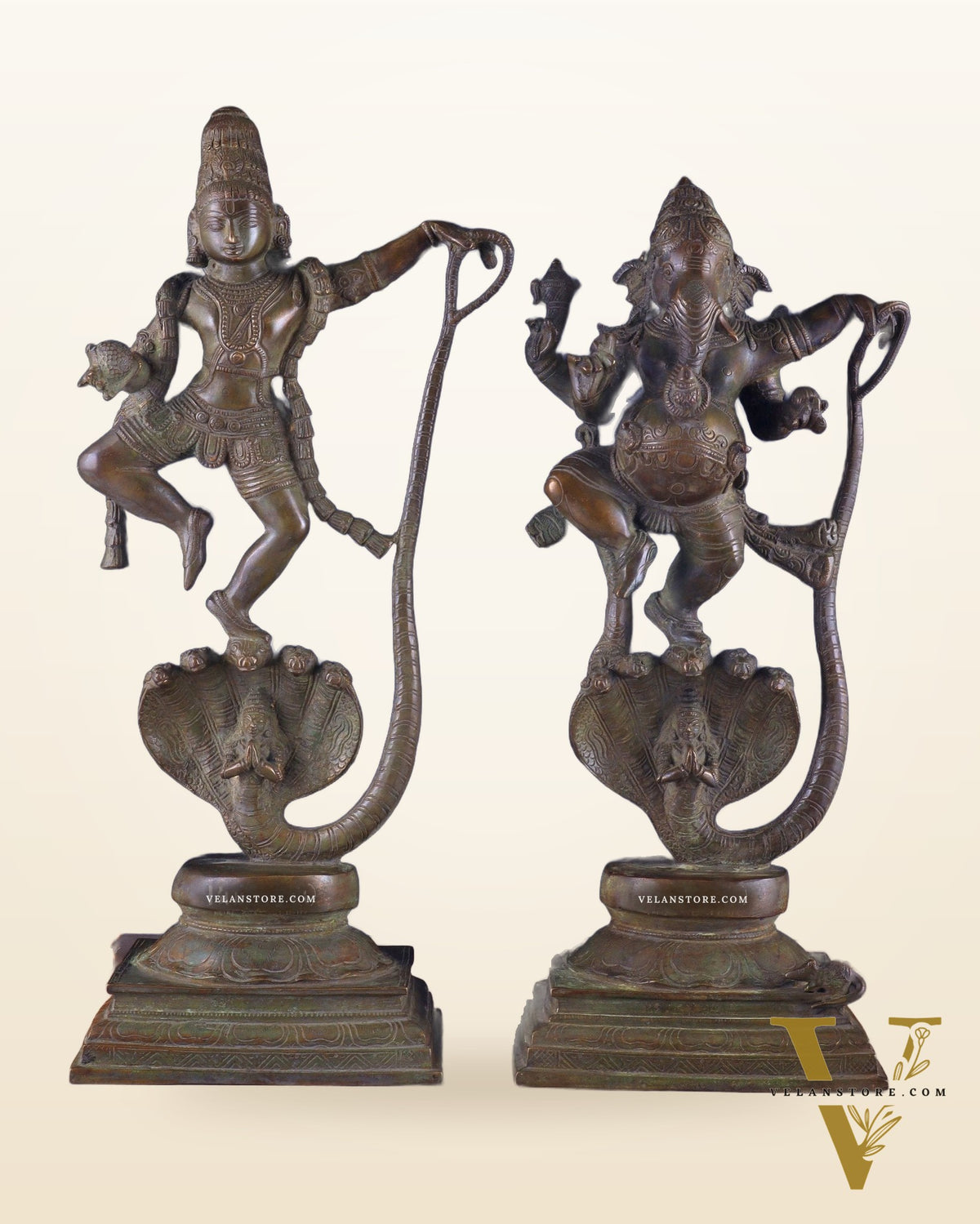 Brass Handcrafted Antique Bronze Finish Idols – Krishna and Ganesha Dancing on Vasuki Naag 20"