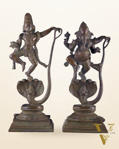 Brass Handcrafted Antique Bronze Finish Idols – Krishna and Ganesha Dancing on Vasuki Naag 20"