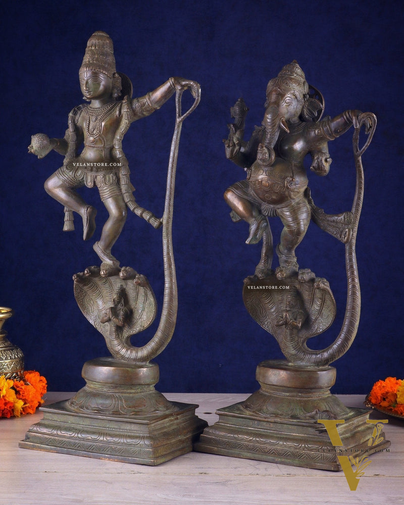 Brass Handcrafted Antique Bronze Finish Idols – Krishna and Ganesha Dancing on Vasuki Naag 20"