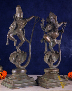 Brass Handcrafted Antique Bronze Finish Idols – Krishna and Ganesha Dancing on Vasuki Naag 20"