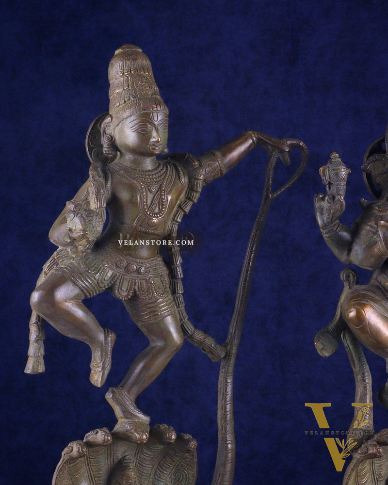 Brass Handcrafted Antique Bronze Finish Idols – Krishna and Ganesha Dancing on Vasuki Naag 20"