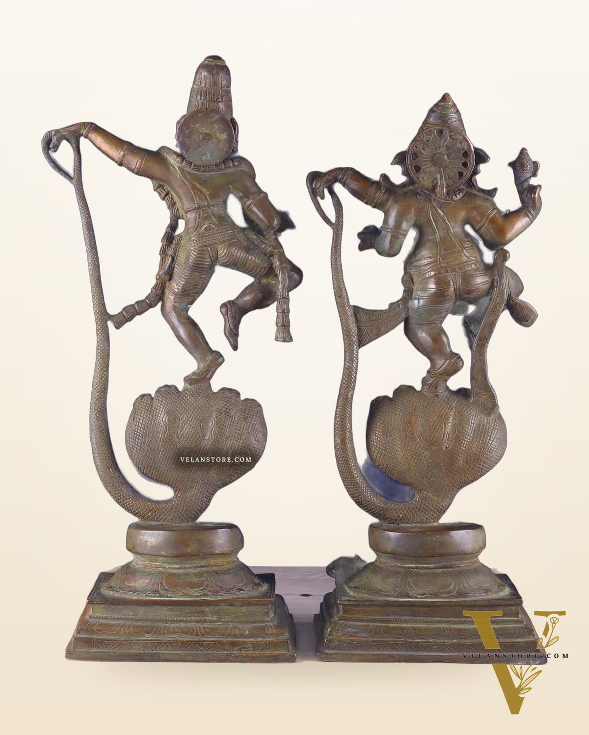 Brass Handcrafted Antique Bronze Finish Idols – Krishna and Ganesha Dancing on Vasuki Naag 20"