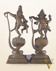 Brass Handcrafted Antique Bronze Finish Idols – Krishna and Ganesha Dancing on Vasuki Naag 20"