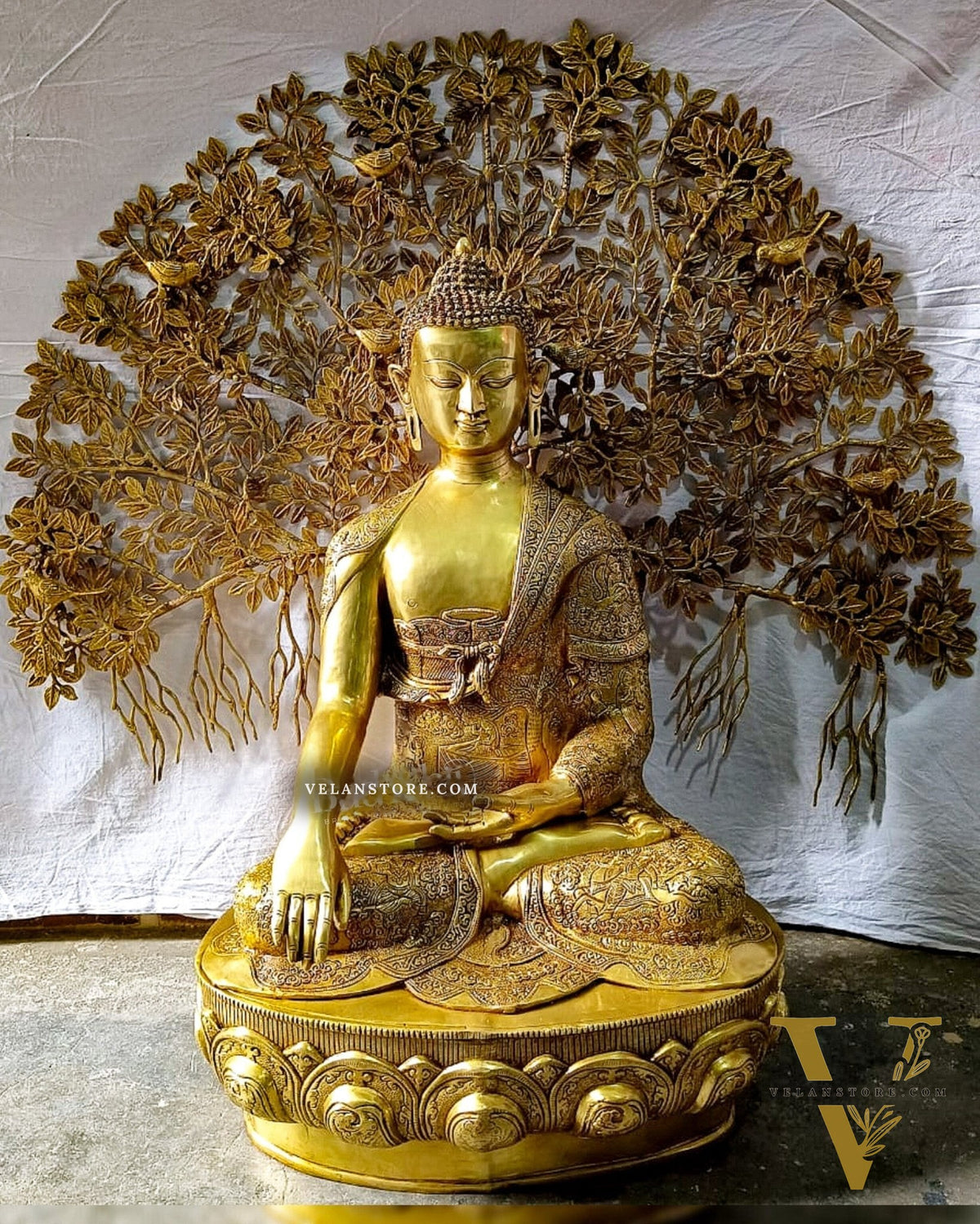Brass Handcrafted Buddha Statue - Abhaya Mudra with Intricate Brass Kalpavriksha 43"