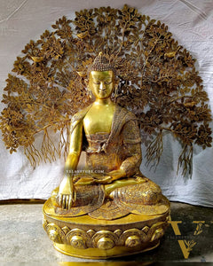Brass Handcrafted Buddha Statue - Abhaya Mudra with Intricate Brass Kalpavriksha 43"