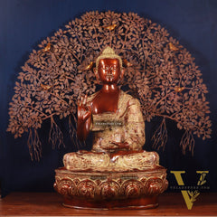 Brass Handcrafted Buddha Statue with Bodhi tree 43" copper and sand finish
