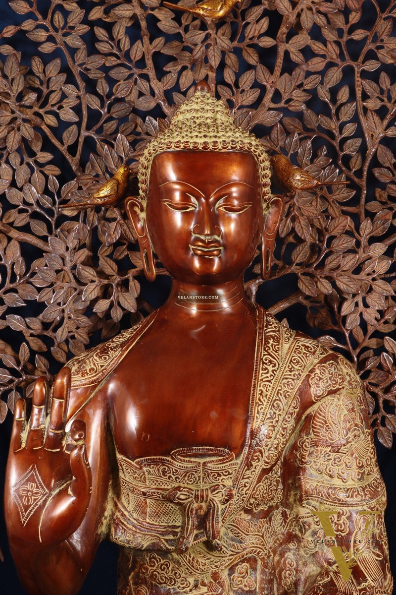 Brass Handcrafted Buddha Statue with Bodhi tree 43" copper and sand finish