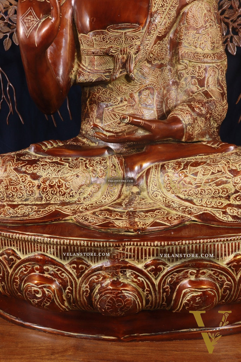 Brass Handcrafted Buddha Statue with Bodhi tree 43" copper and sand finish