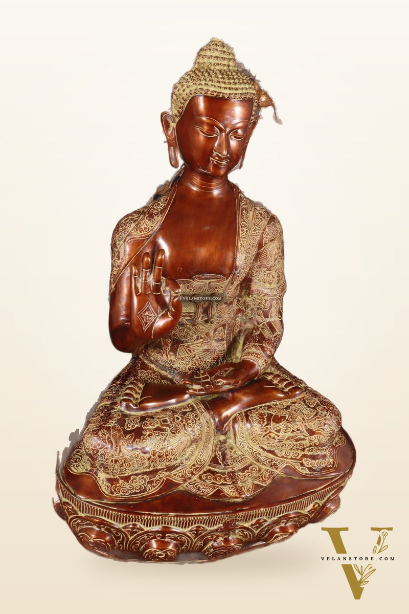 Brass Handcrafted Buddha Statue with Bodhi tree 43" copper and sand finish