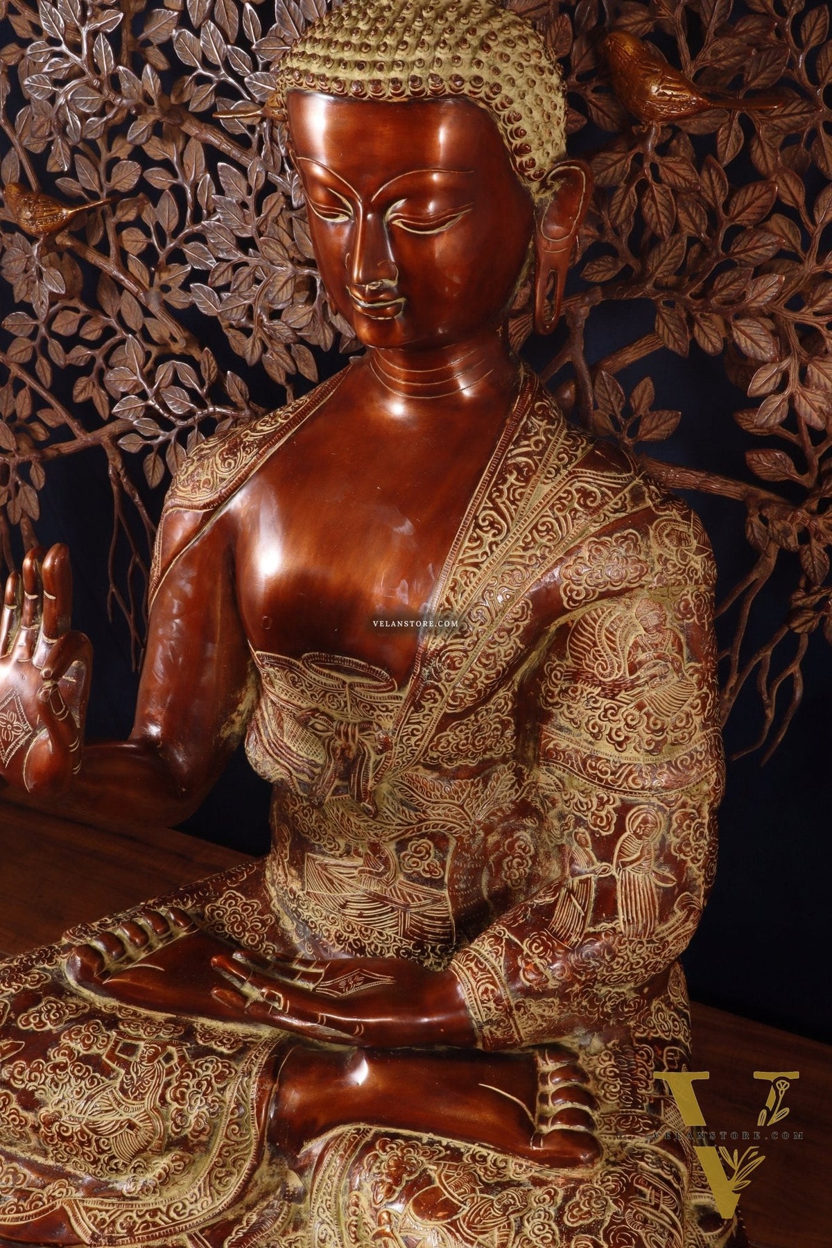 Brass Handcrafted Buddha Statue with Bodhi tree 43" copper and sand finish