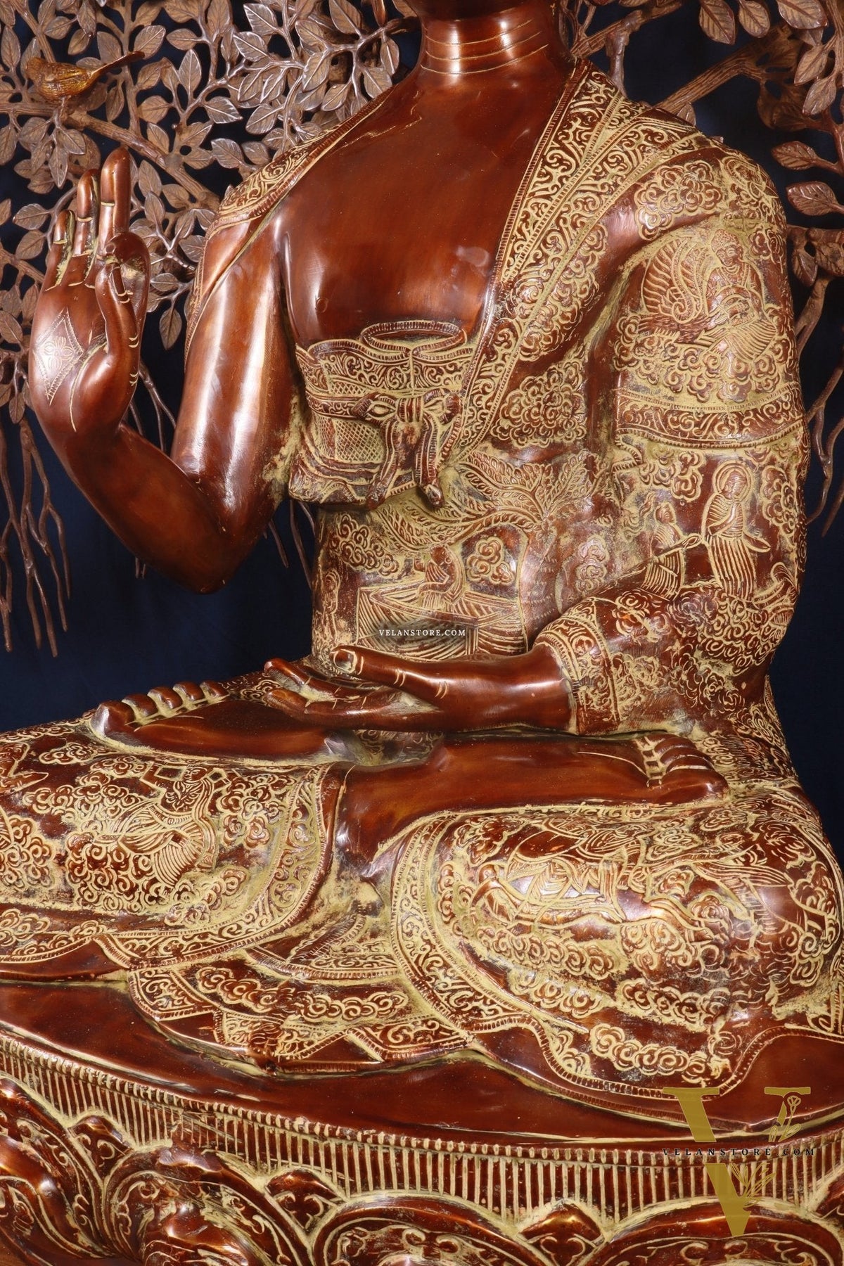 Brass Handcrafted Buddha Statue with Bodhi tree 43" copper and sand finish