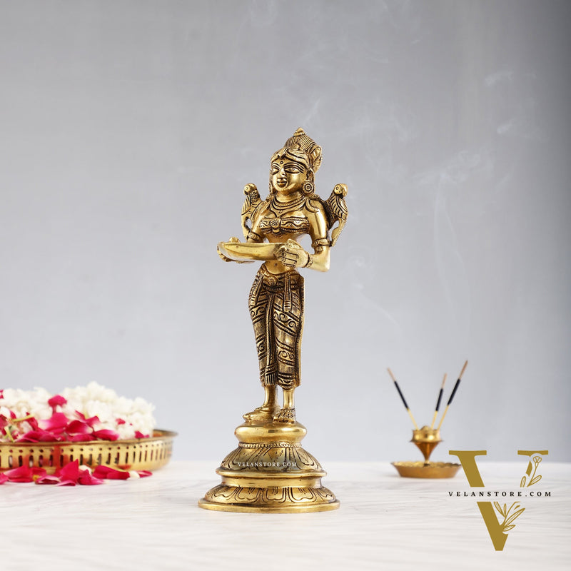 Brass Handcrafted Deep Lakshmi Oil Lamp - 11 inch