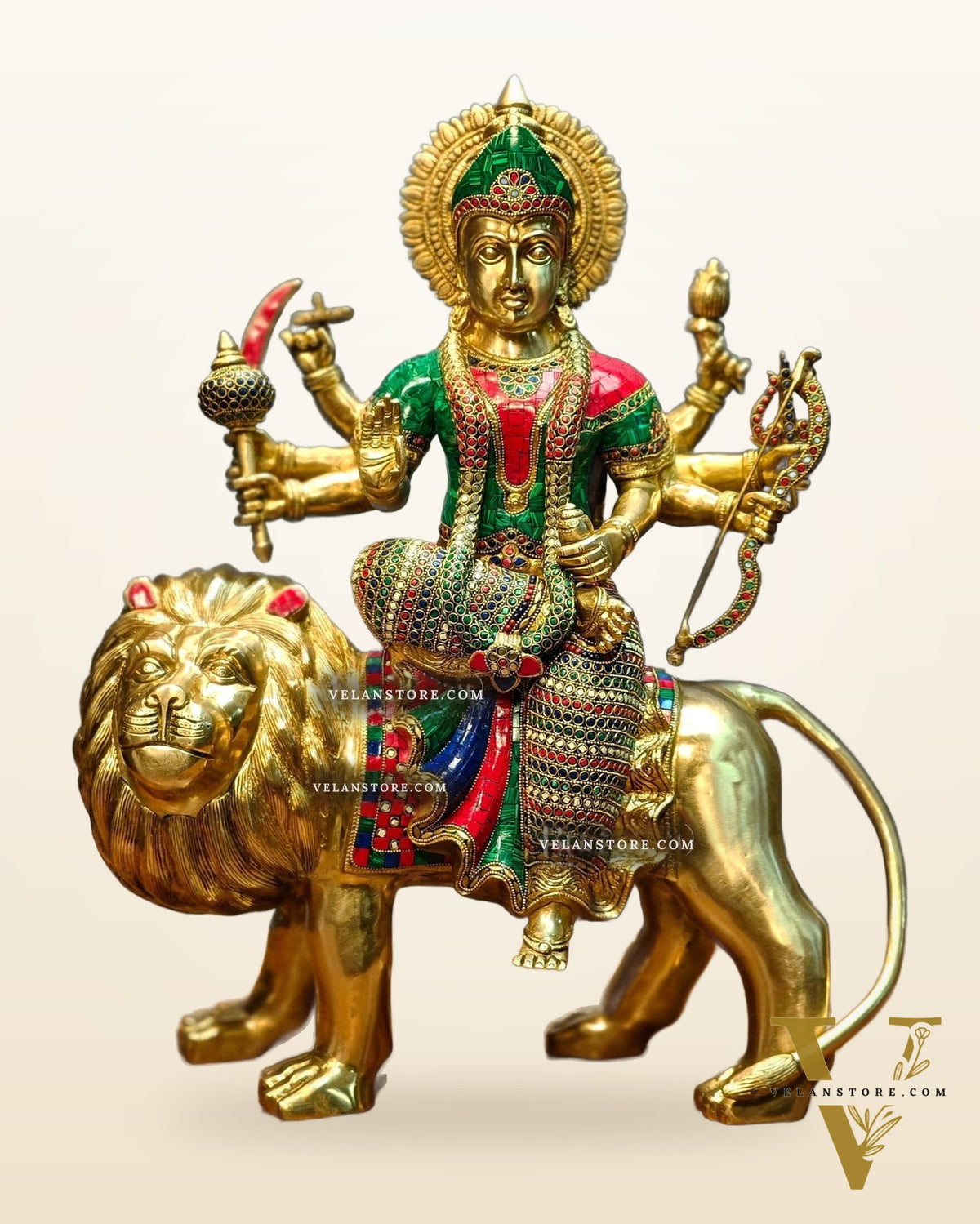 Brass Handcrafted Durga Ashtabhuja Statue – 24 Inches, Meenakari Stonework