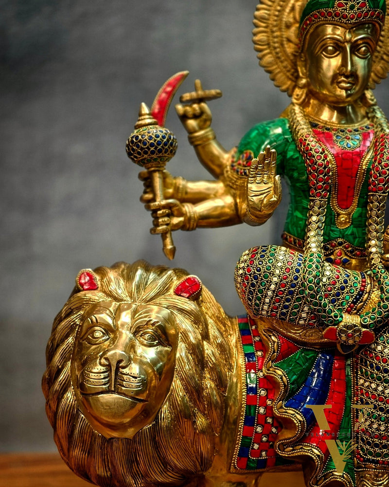 Brass Handcrafted Durga Ashtabhuja Statue – 24 Inches, Meenakari Stonework
