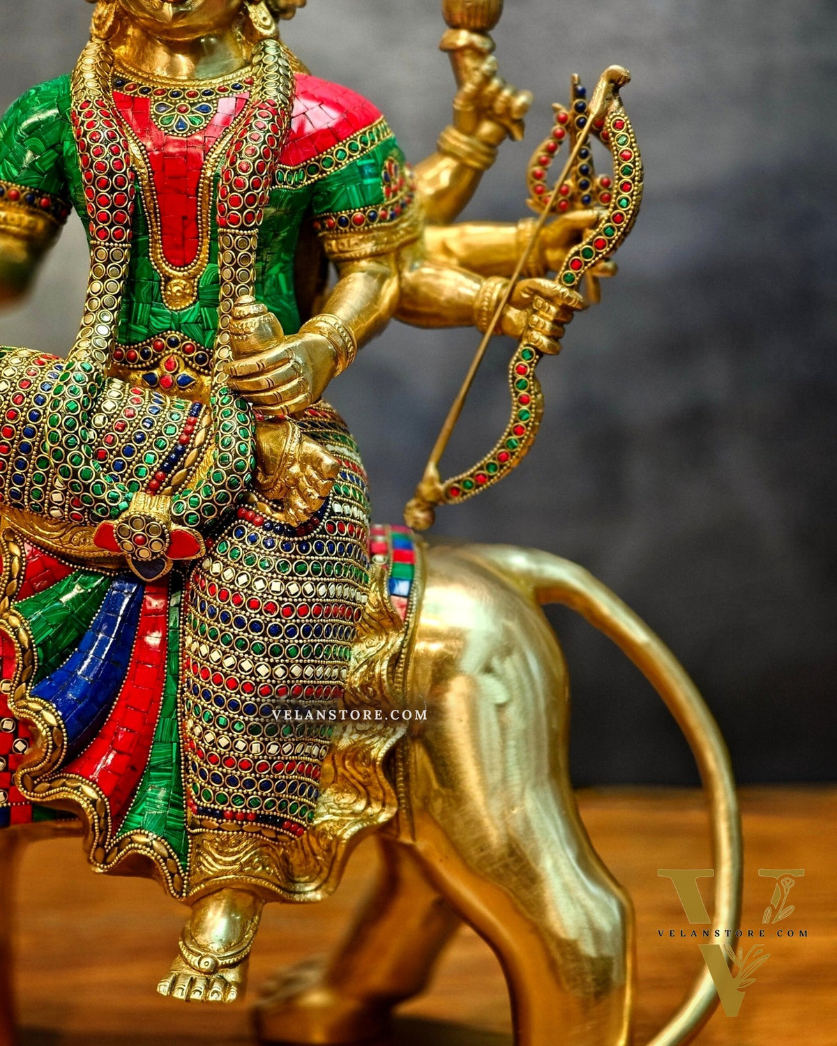 Brass Handcrafted Durga Ashtabhuja Statue – 24 Inches, Meenakari Stonework