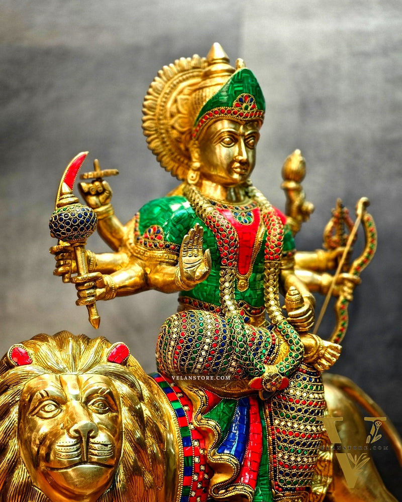 Brass Handcrafted Durga Ashtabhuja Statue – 24 Inches, Meenakari Stonework