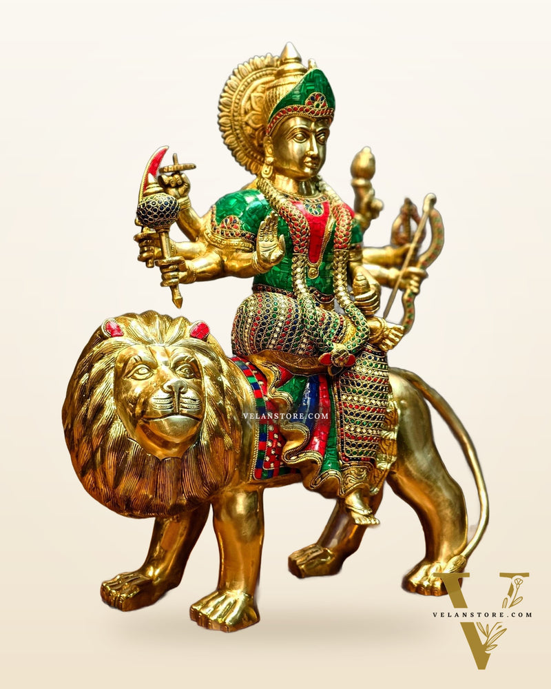 Brass Handcrafted Durga Ashtabhuja Statue – 24 Inches, Meenakari Stonework