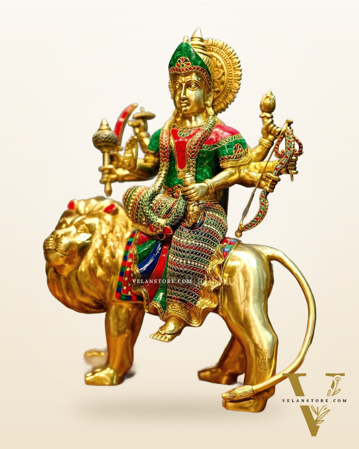 Brass Handcrafted Durga Ashtabhuja Statue – 24 Inches, Meenakari Stonework