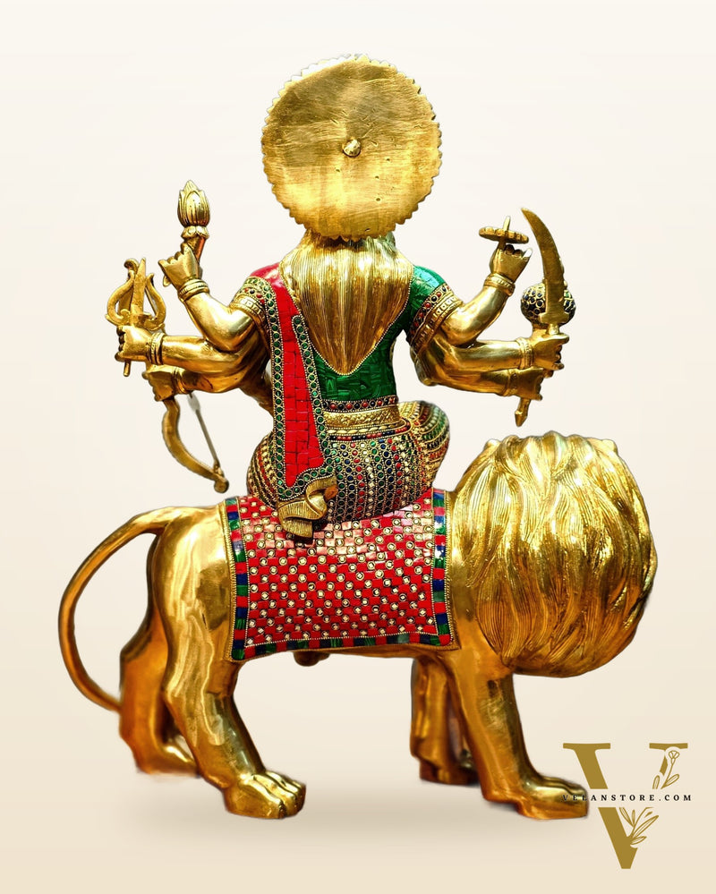 Brass Handcrafted Durga Ashtabhuja Statue – 24 Inches, Meenakari Stonework