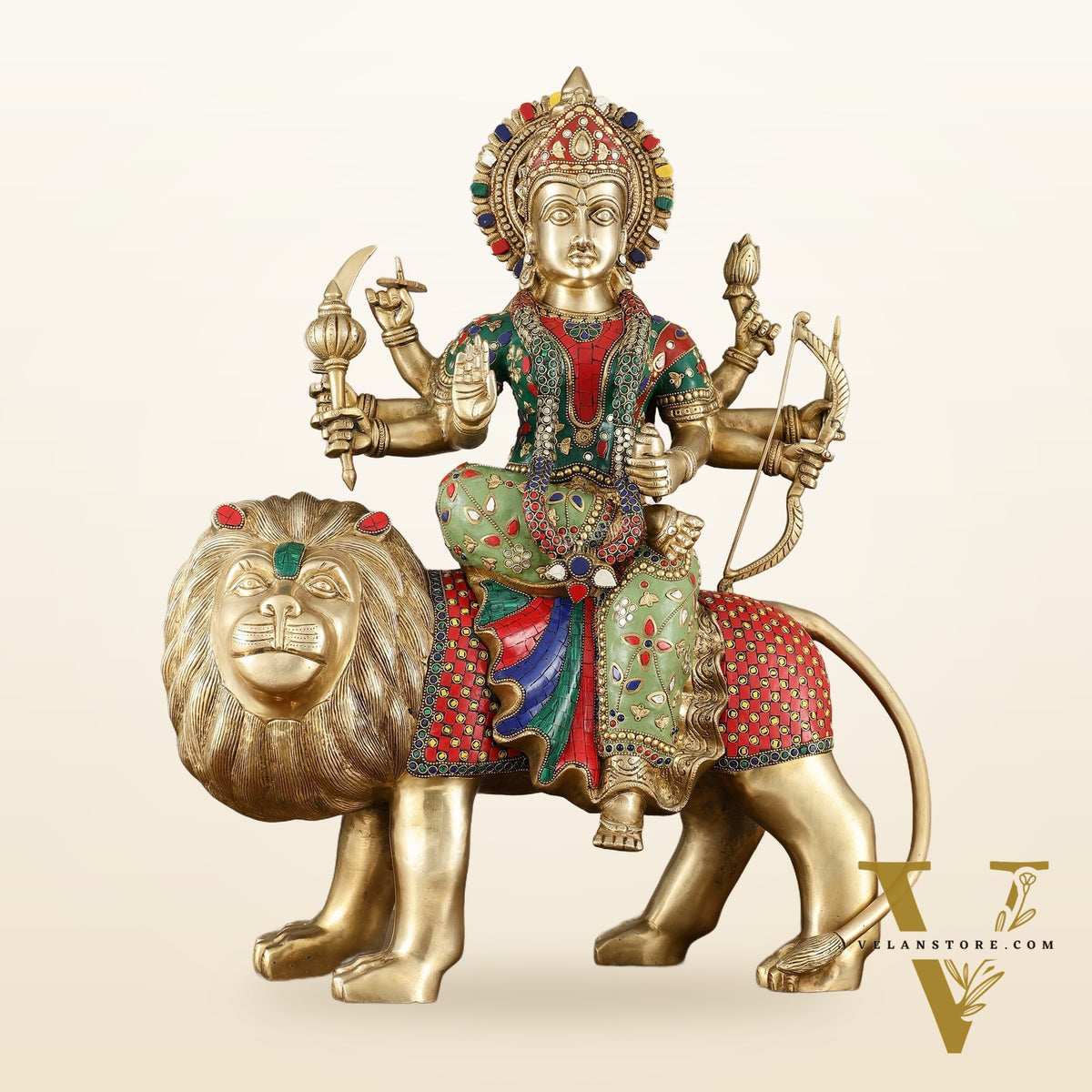 Brass Handcrafted Durga ma ambe Statue – 24 Inches, Meenakari Stonework