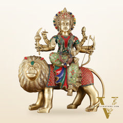 Brass Handcrafted Durga ma ambe Statue – 24 Inches, Meenakari Stonework