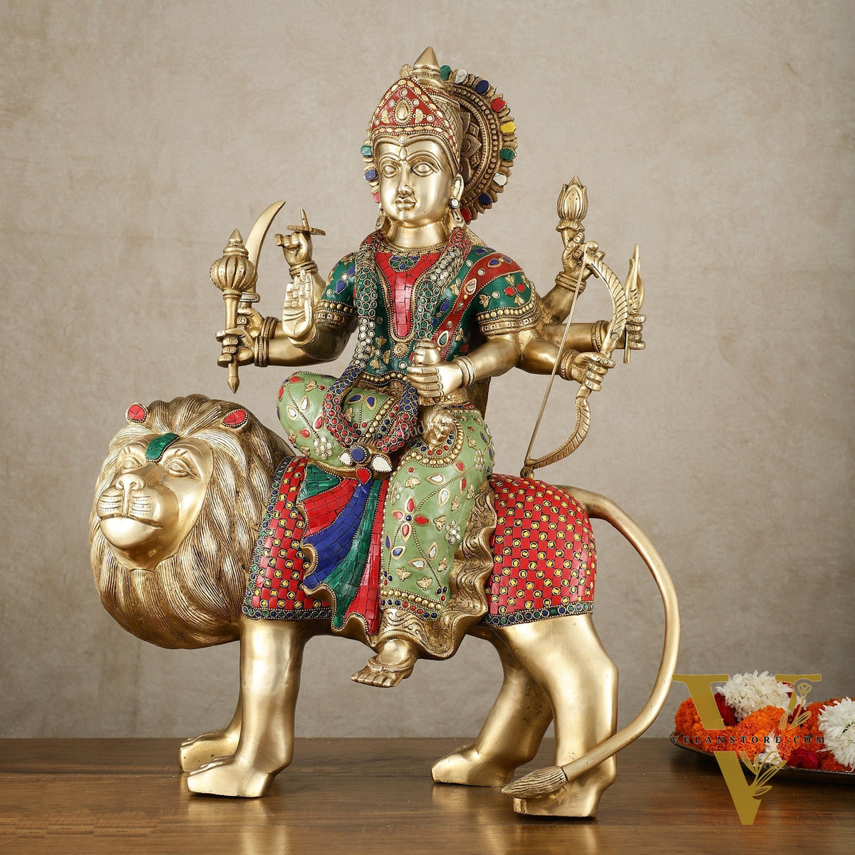 Brass Handcrafted Durga ma ambe Statue – 24 Inches, Meenakari Stonework