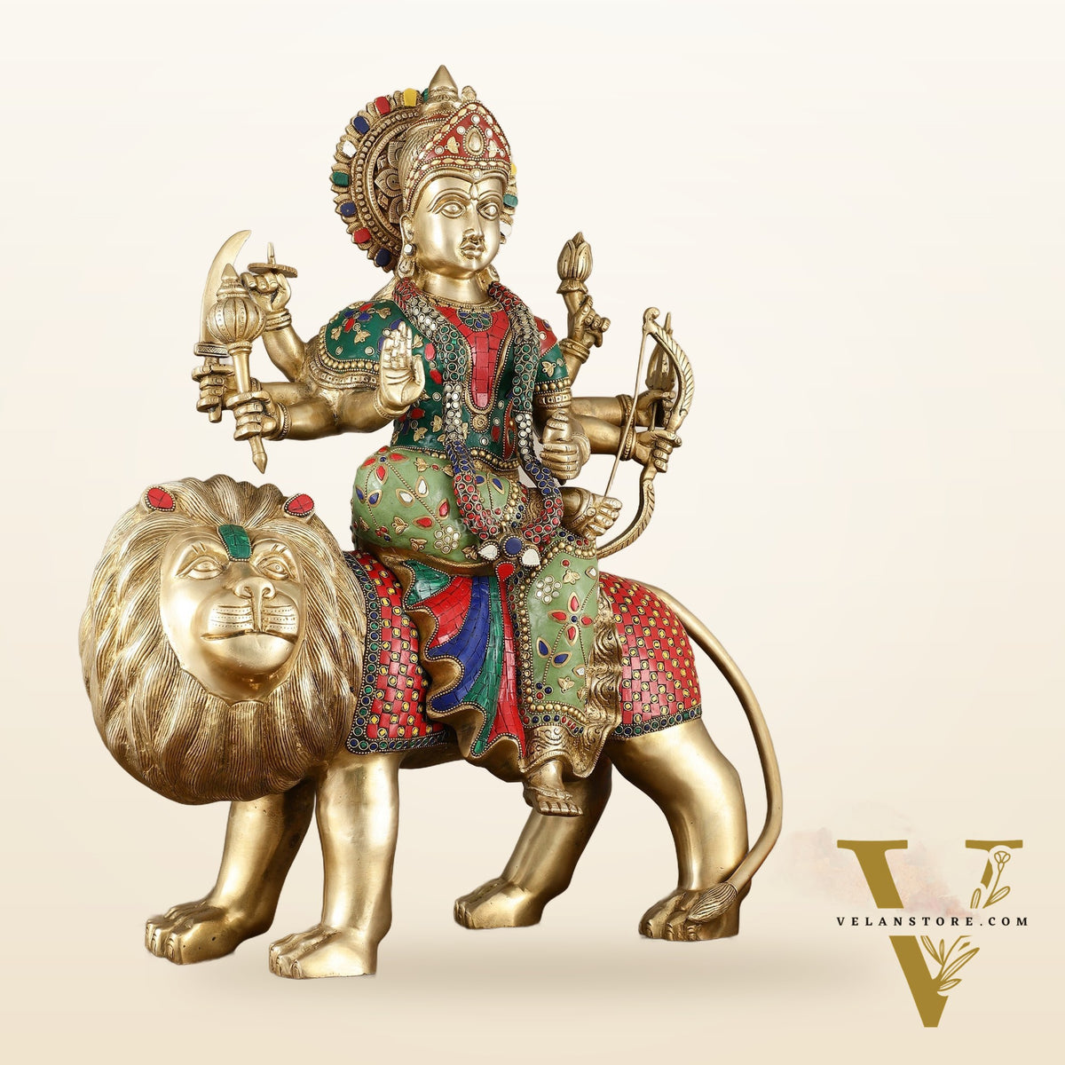 Brass Handcrafted Durga ma ambe Statue – 24 Inches, Meenakari Stonework