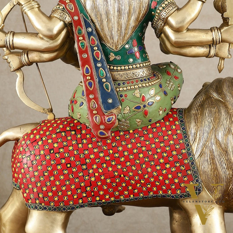 Brass Handcrafted Durga ma ambe Statue – 24 Inches, Meenakari Stonework