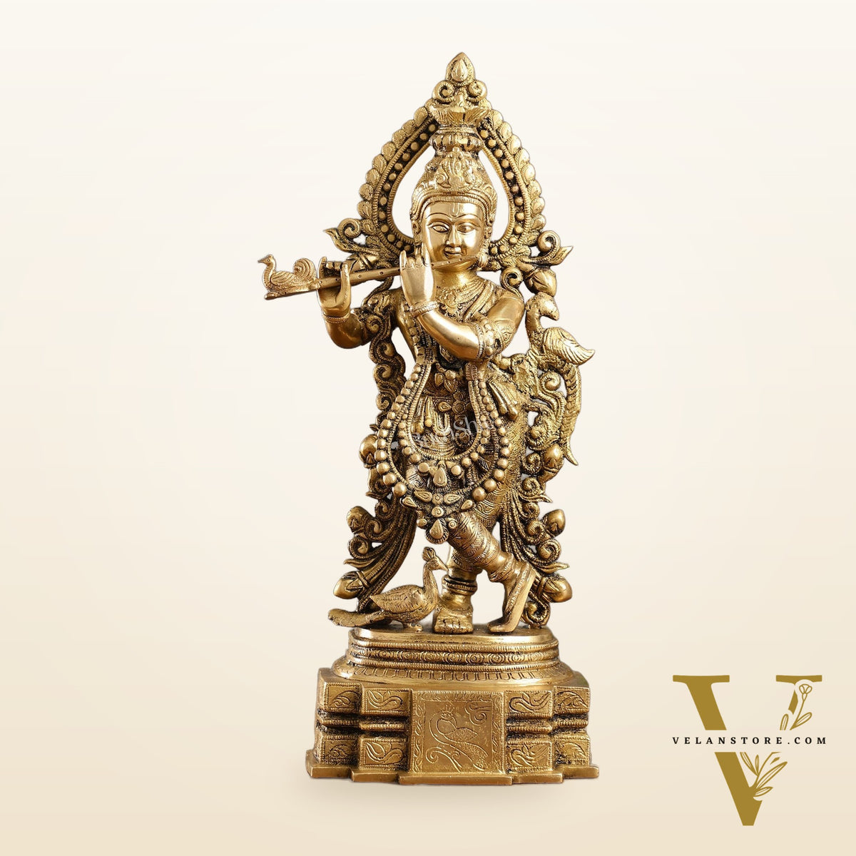 Brass Handcrafted Fine Quality Krishna Playing the Flute with Peacocks | Height 19 inch