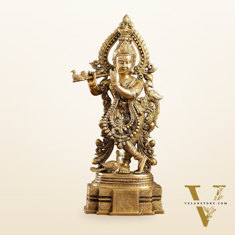 Brass Handcrafted Fine Quality Krishna Playing the Flute with Peacocks | Height 19 inch