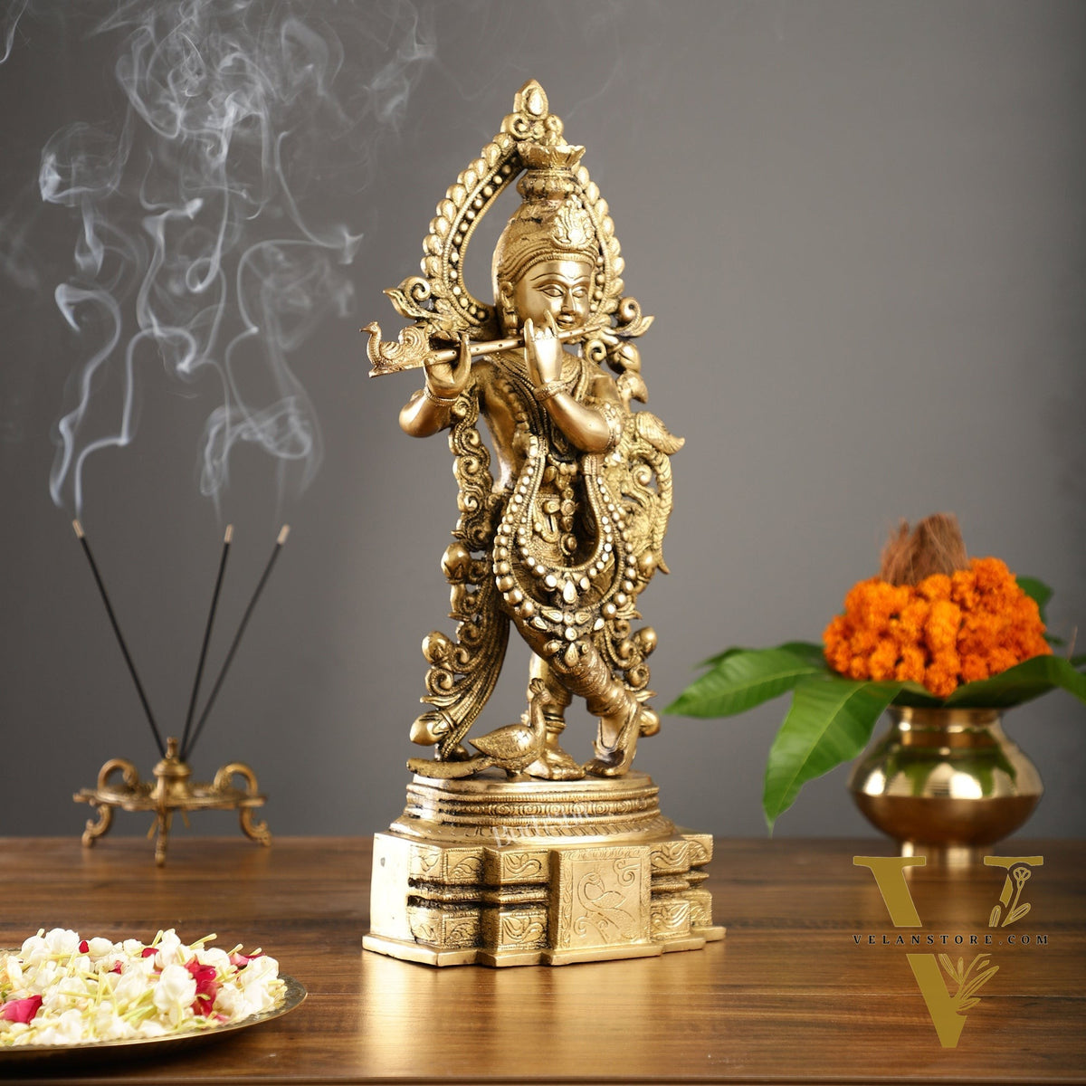 Brass Handcrafted Fine Quality Krishna Playing the Flute with Peacocks | Height 19 inch