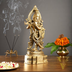 Brass Handcrafted Fine Quality Krishna Playing the Flute with Peacocks | Height 19 inch