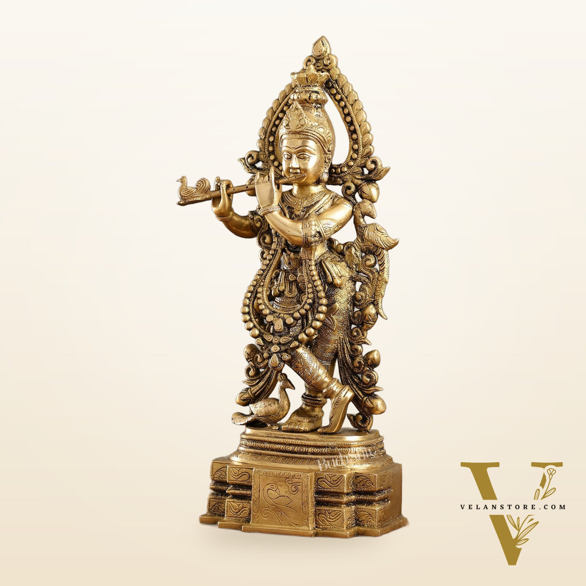 Brass Handcrafted Fine Quality Krishna Playing the Flute with Peacocks | Height 19 inch