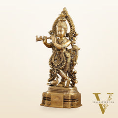Brass Handcrafted Fine Quality Krishna Playing the Flute with Peacocks | Height 19 inch