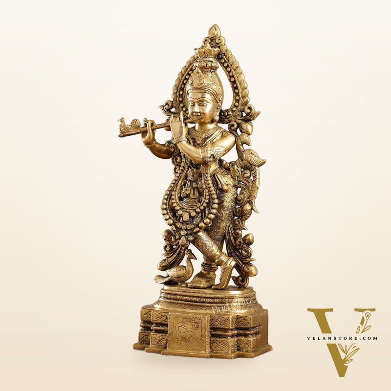 Brass Handcrafted Fine Quality Krishna Playing the Flute with Peacocks | Height 19 inch