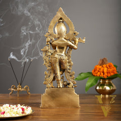 Brass Handcrafted Fine Quality Krishna Playing the Flute with Peacocks | Height 19 inch