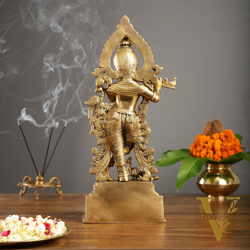 Brass Handcrafted Fine Quality Krishna Playing the Flute with Peacocks | Height 19 inch