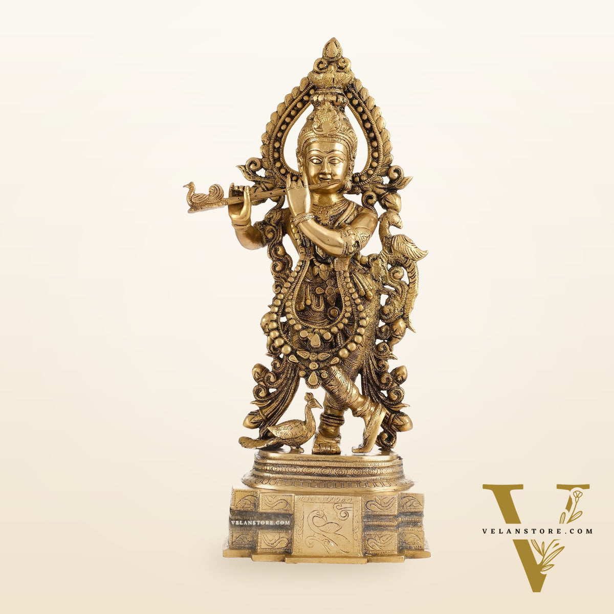 Brass Handcrafted Fine Quality Krishna Playing the Flute with Peacocks | Height 19 inch