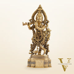 Brass Handcrafted Fine Quality Krishna Playing the Flute with Peacocks | Height 19 inch