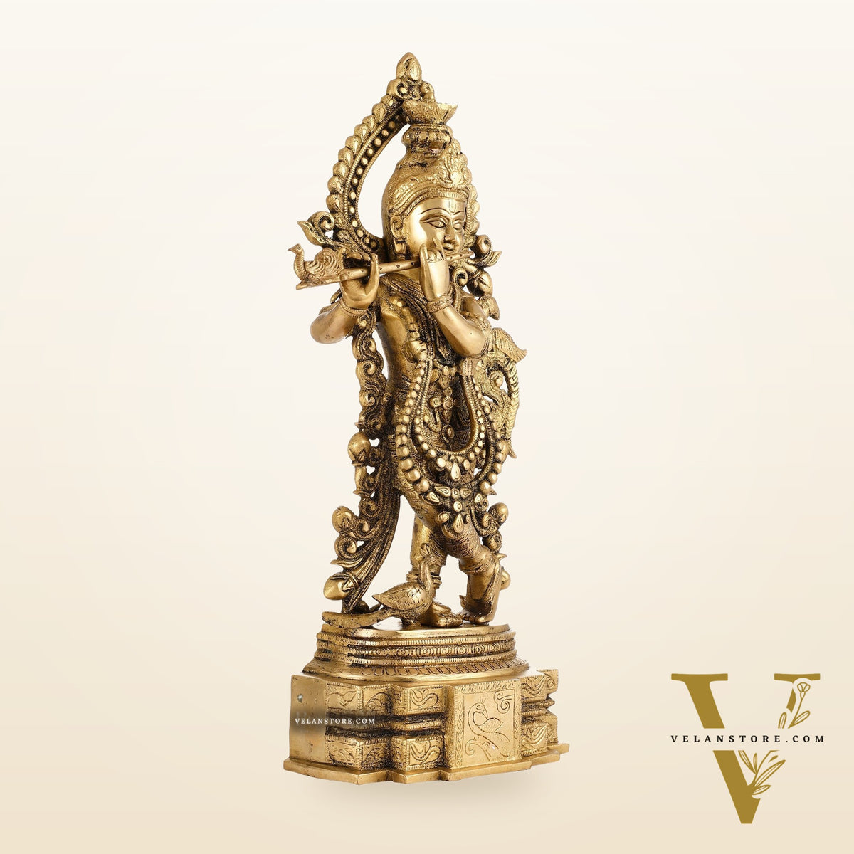Brass Handcrafted Fine Quality Krishna Playing the Flute with Peacocks | Height 19 inch