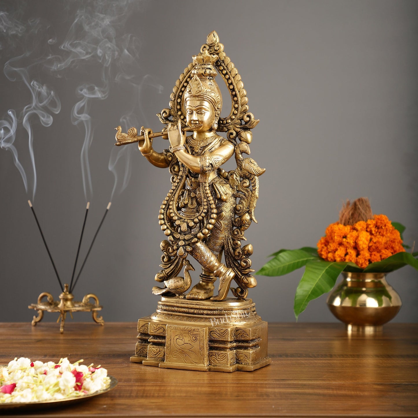 Brass Handcrafted Fine Quality Krishna Playing the Flute with Peacocks | Height 19 inch