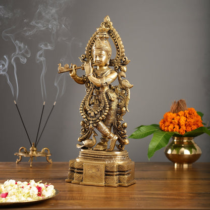 Brass Handcrafted Fine Quality Krishna Playing the Flute with Peacocks | Height 19 inch